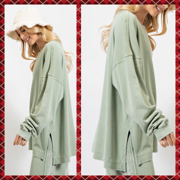 EASEL "So Comfy" Mineral Washed Tunic Top in Sage Statement Side Slits Crew Neck - Picture 6 of 14